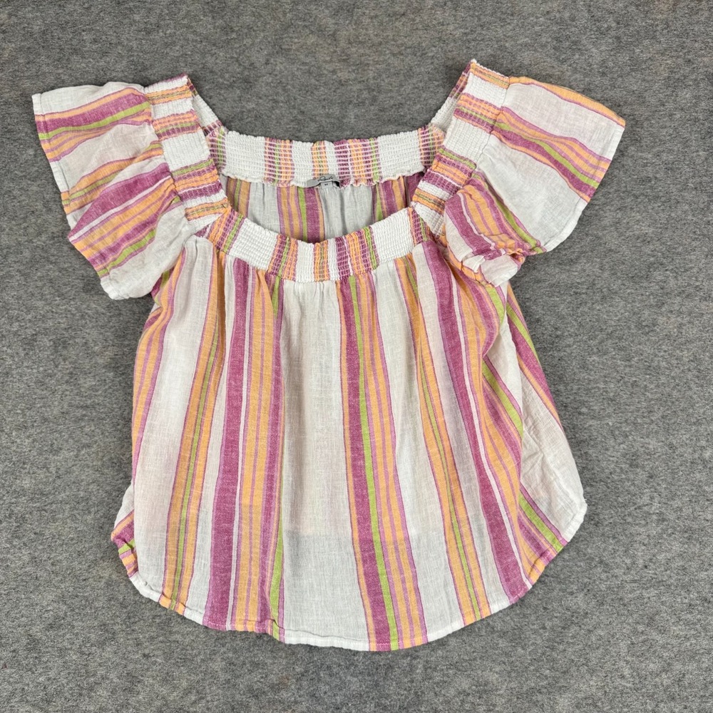 Rails Sonora Hibiscus Stripe Blouse Flutter Sleeve‎ Linen Womens Medium M